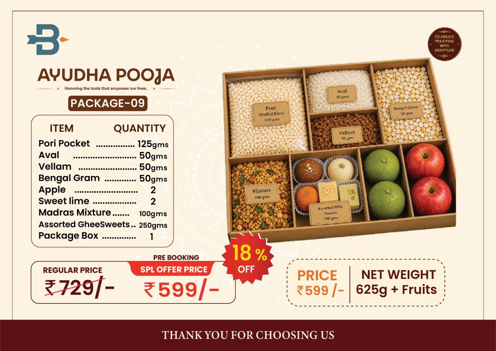 Ayudha Pooja Package 09 - Signature Prasadam Box with Sweets, Mixture and Fruits (625 g + Fruits)