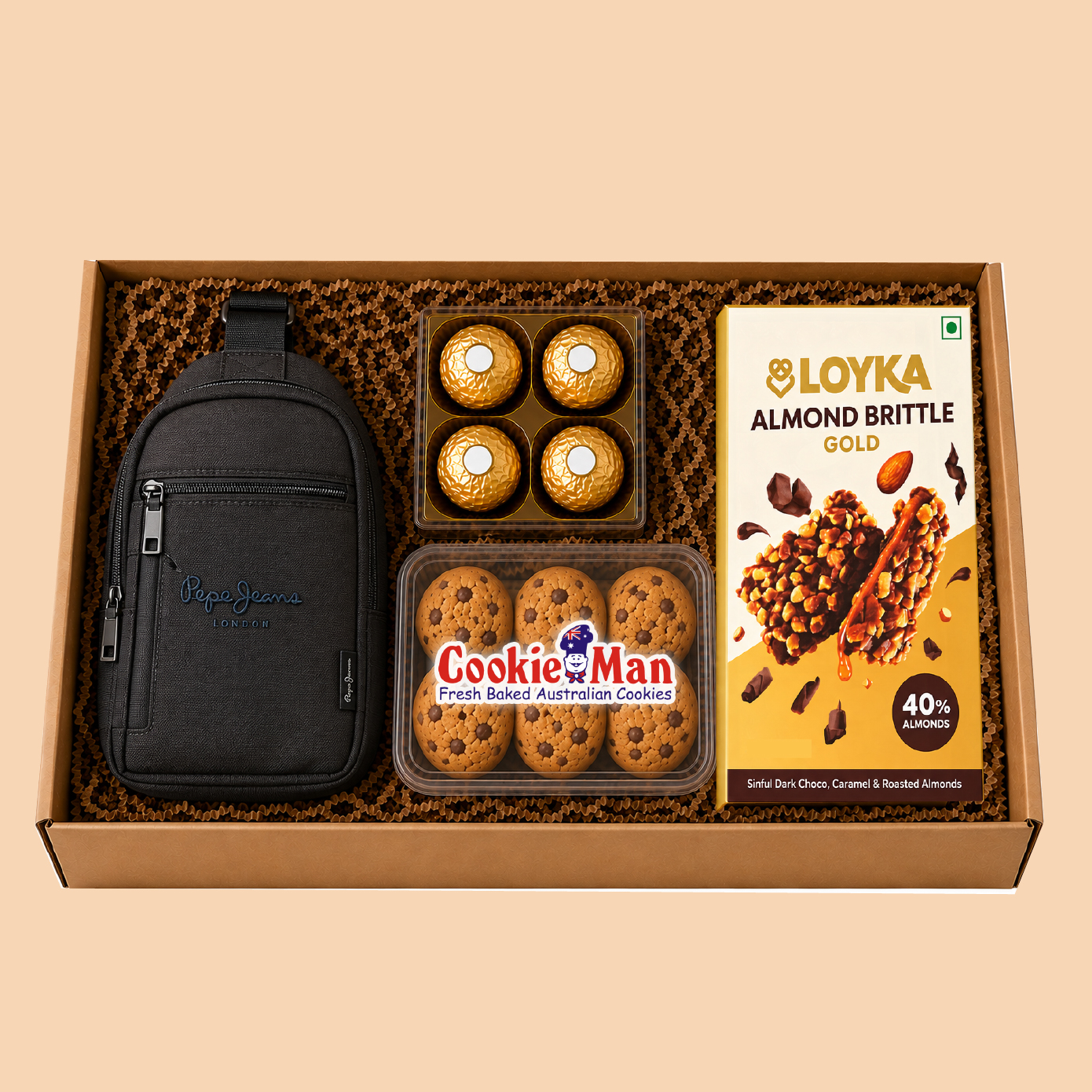 Gift Set-13: Loyka Almond Brittle + Cookies + Pepe Jeans Sling Bag Gift Hamper