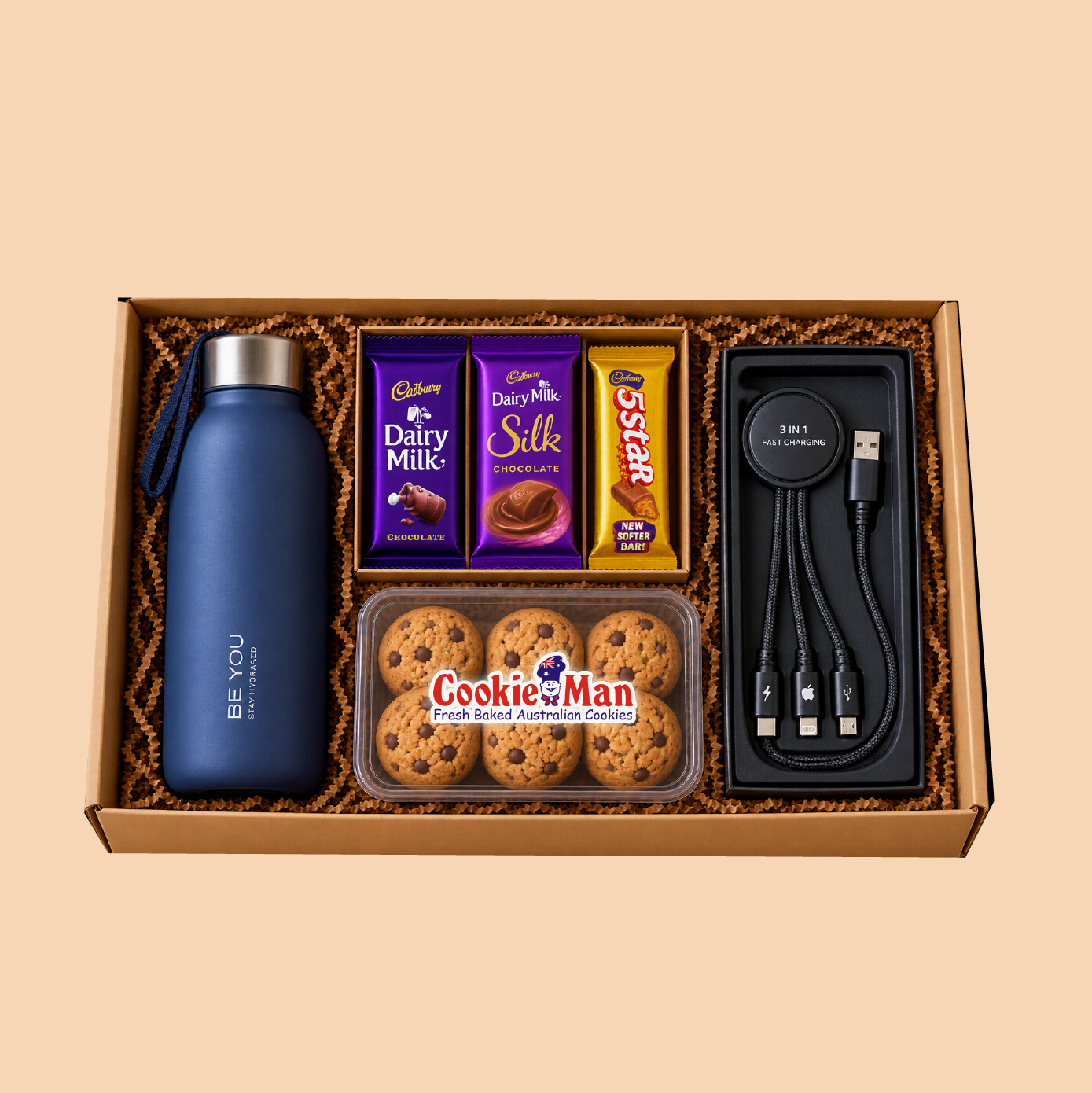 Gift Set-15: Cadbury Chocolates + Water Bottle + Multi Charger Gift Hamper