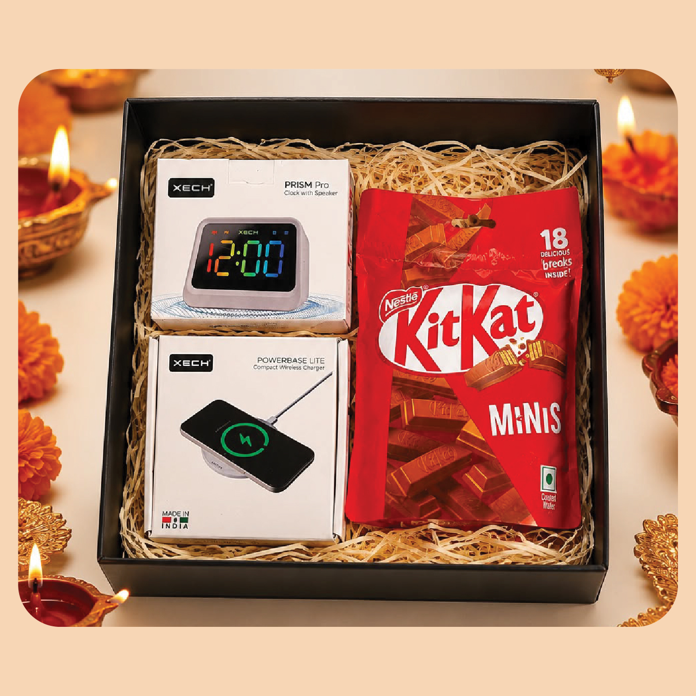 Gift Set-41: Premium Clock with Speaker + Compact Wireless Charger + Premium Chocolates + Gift Box